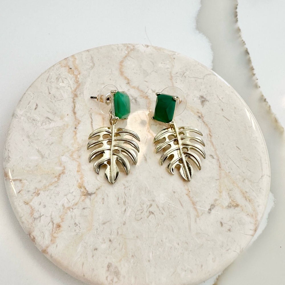 Elegant Gold Tone Palm Leaf With Emerald Faux Stone Dangle Post Back Earrings